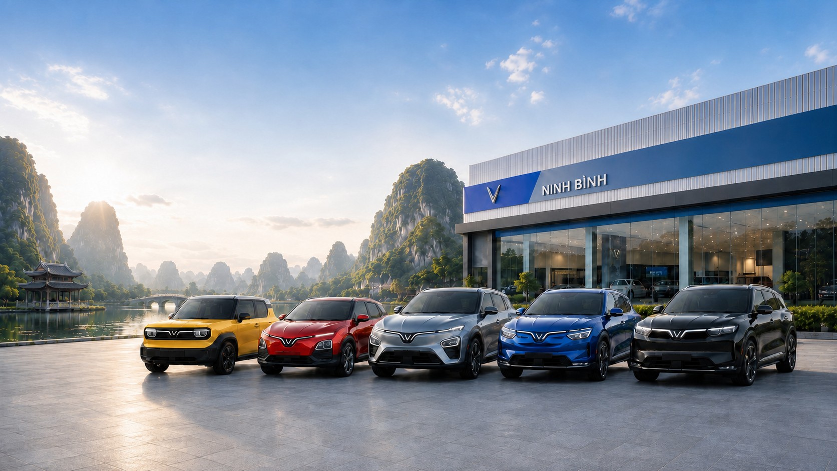 Dải xe VinFast trước showroom giữa cảnh quan Ninh Bình