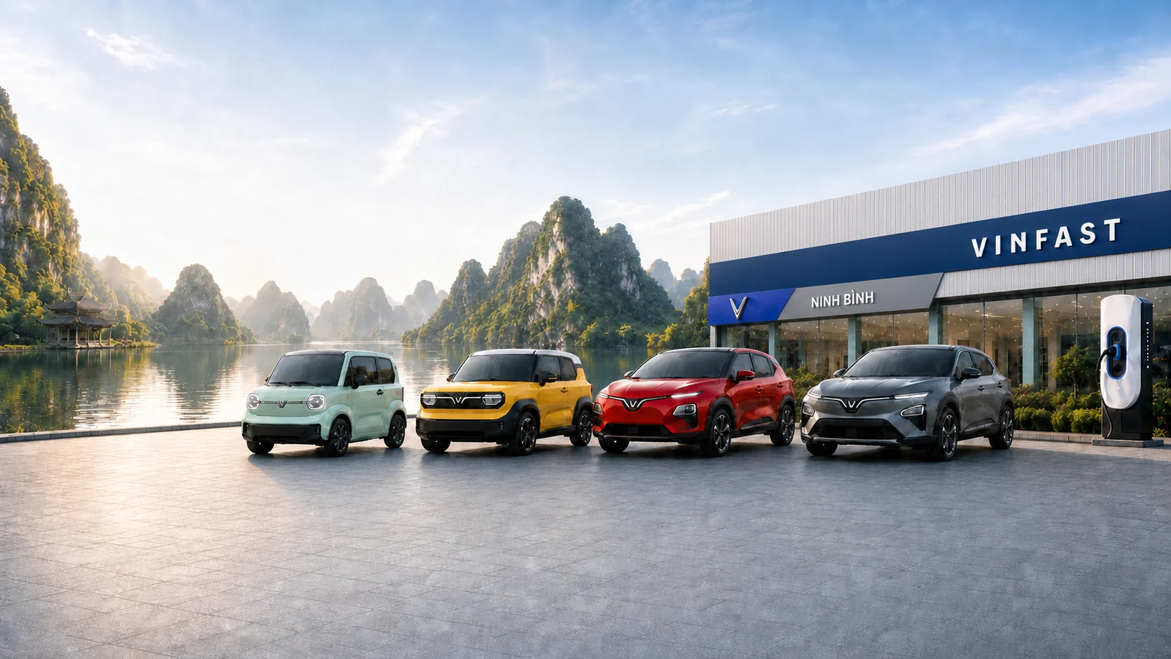 Dải xe đô thị VinFast trên quảng trường showroom Ninh Bình